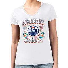 Edmonton Oilers G-III 4Her by Carl Banks Women's Super-Slim Fit Lightweight Flower Logo V-Neck T-Shirt White