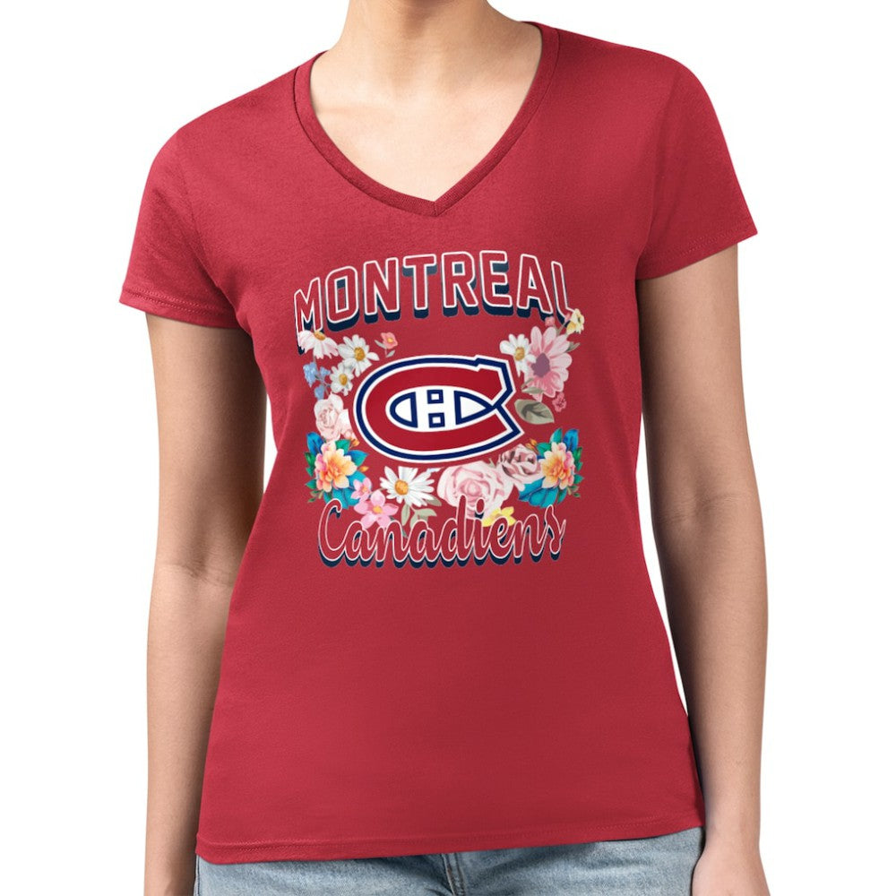 Montreal Canadiens G-III 4Her by Carl Banks Women's Super-Slim Fit Lightweight Flower Logo V-Neck T-Shirt Red