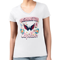 Washington Capitals G-III 4Her by Carl Banks Women's Super-Slim Fit Lightweight Flower Logo V-Neck T-Shirt White