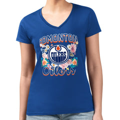 Edmonton Oilers G-III 4Her by Carl Banks Women's Super-Slim Fit Lightweight Flower Logo V-Neck T-Shirt Royal