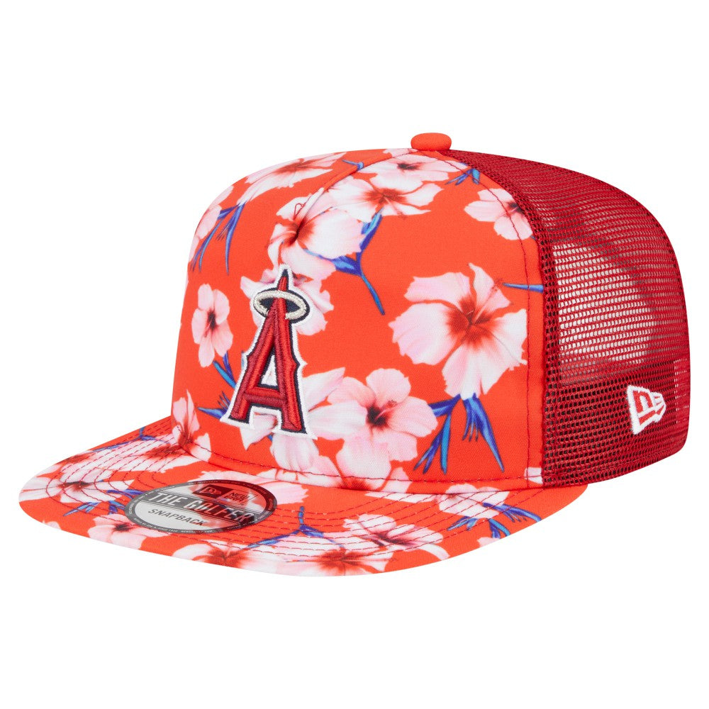 Los Angeles Angels Adventure Pattern Golfer Trucker Snapback Hat Red | New Era