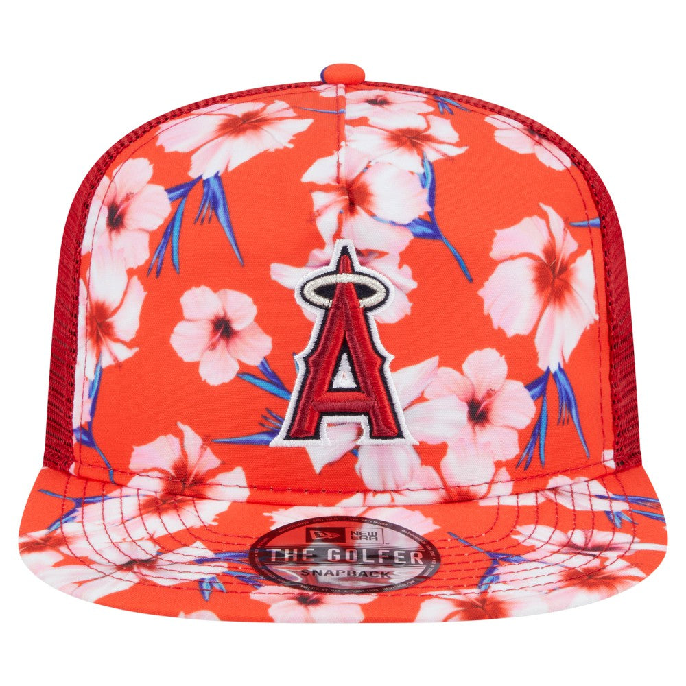 Los Angeles Angels Adventure Pattern Golfer Trucker Snapback Hat Red | New Era