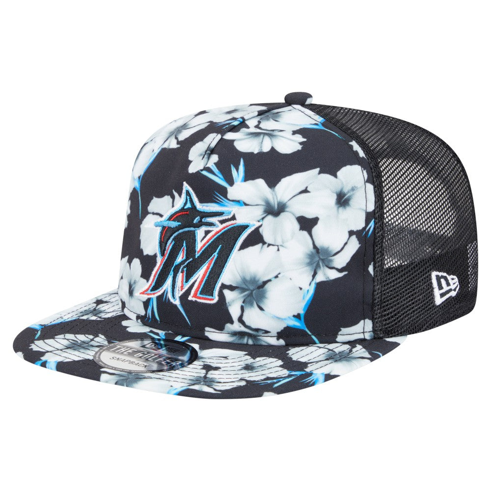 Miami Marlins Adventure Pattern Golfer Trucker Snapback Hat Black | New Era