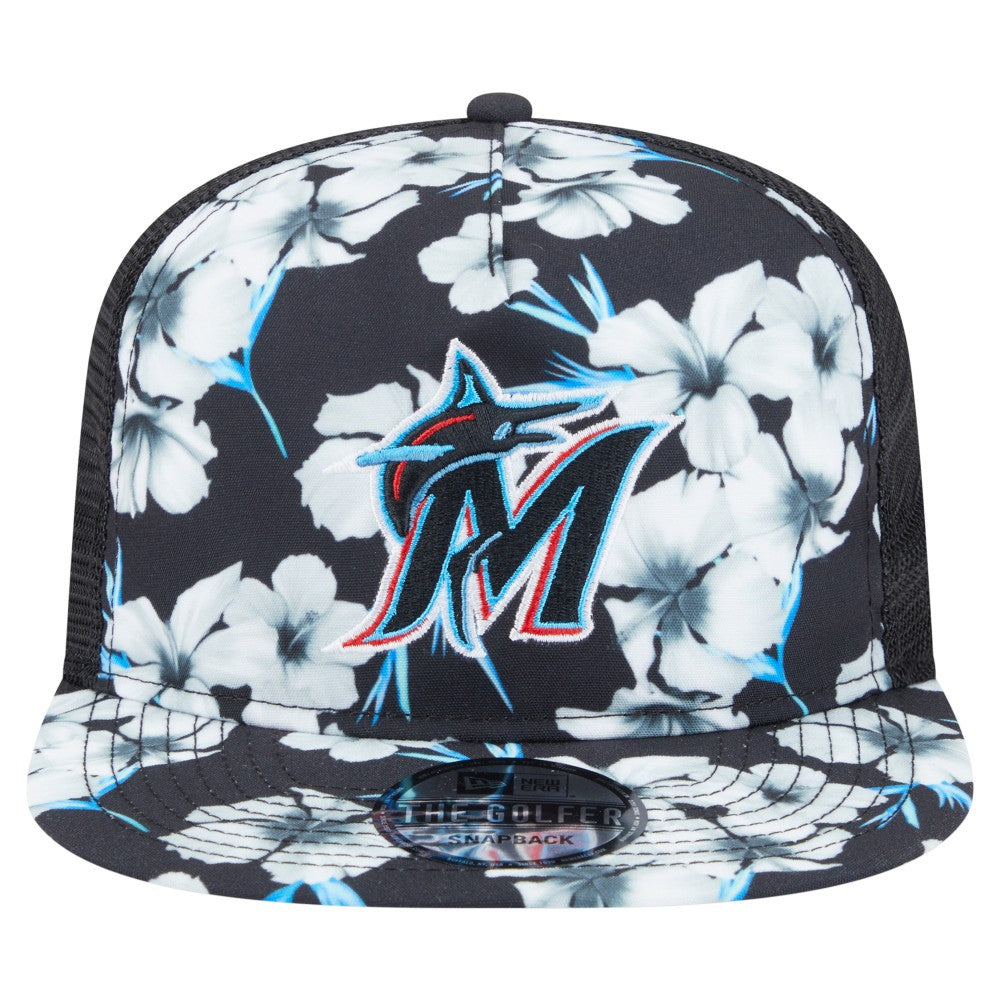 Miami Marlins Adventure Pattern Golfer Trucker Snapback Hat Black | New Era