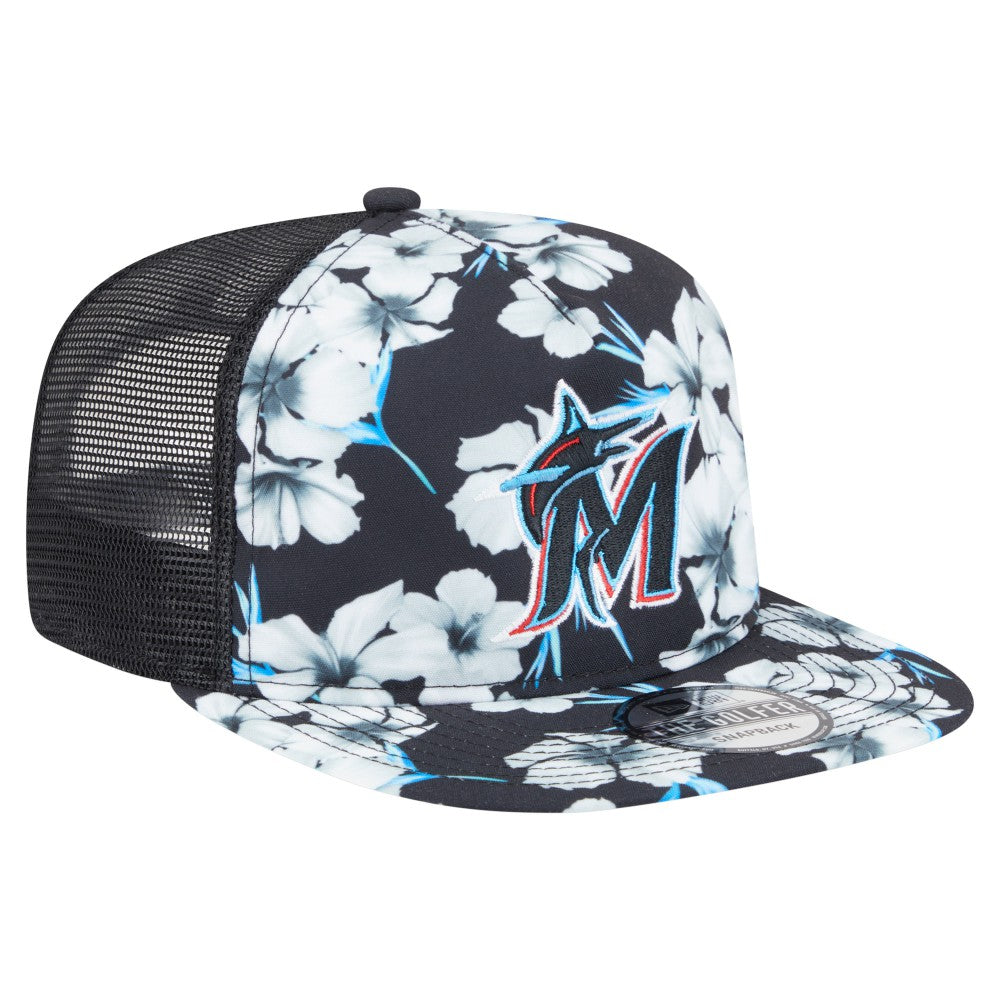Miami Marlins Adventure Pattern Golfer Trucker Snapback Hat Black | New Era