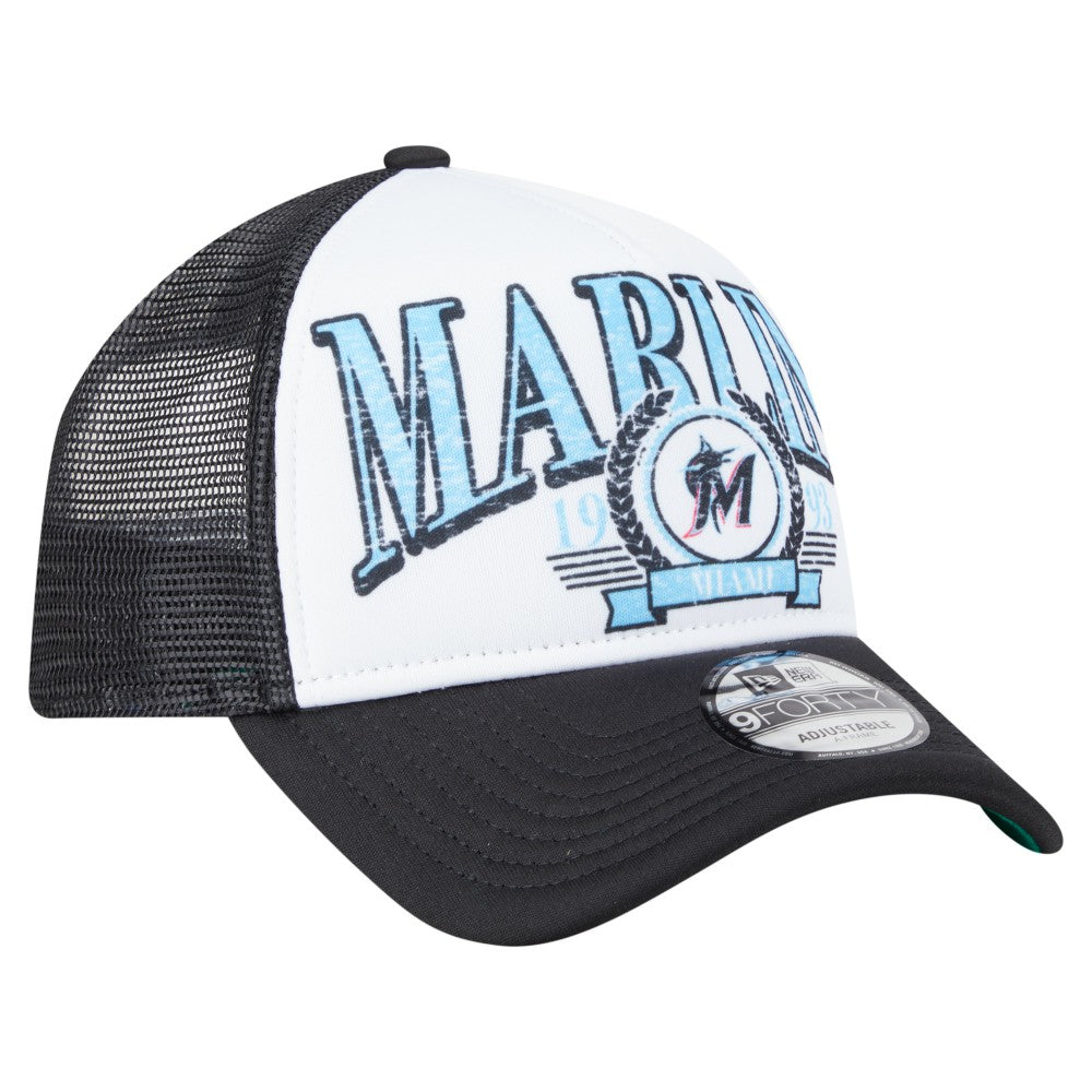 Miami Marlins Distressed 9FORTY A-Frame Adjustable Trucker Hat Black | New Era