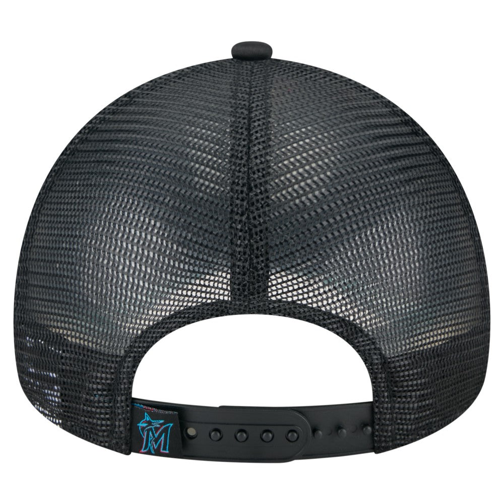 Miami Marlins Distressed 9FORTY A-Frame Adjustable Trucker Hat Black | New Era