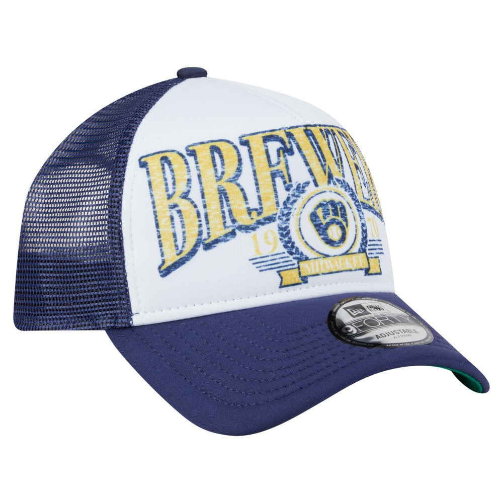 Milwaukee Brewers Distressed 9FORTY A-Frame Adjustable Trucker Hat White | New Era