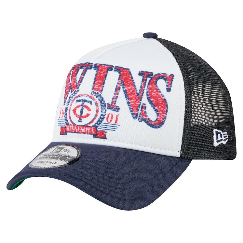 Minnesota Twins Distressed 9FORTY A-Frame Adjustable Trucker Hat White/Navy | New Era