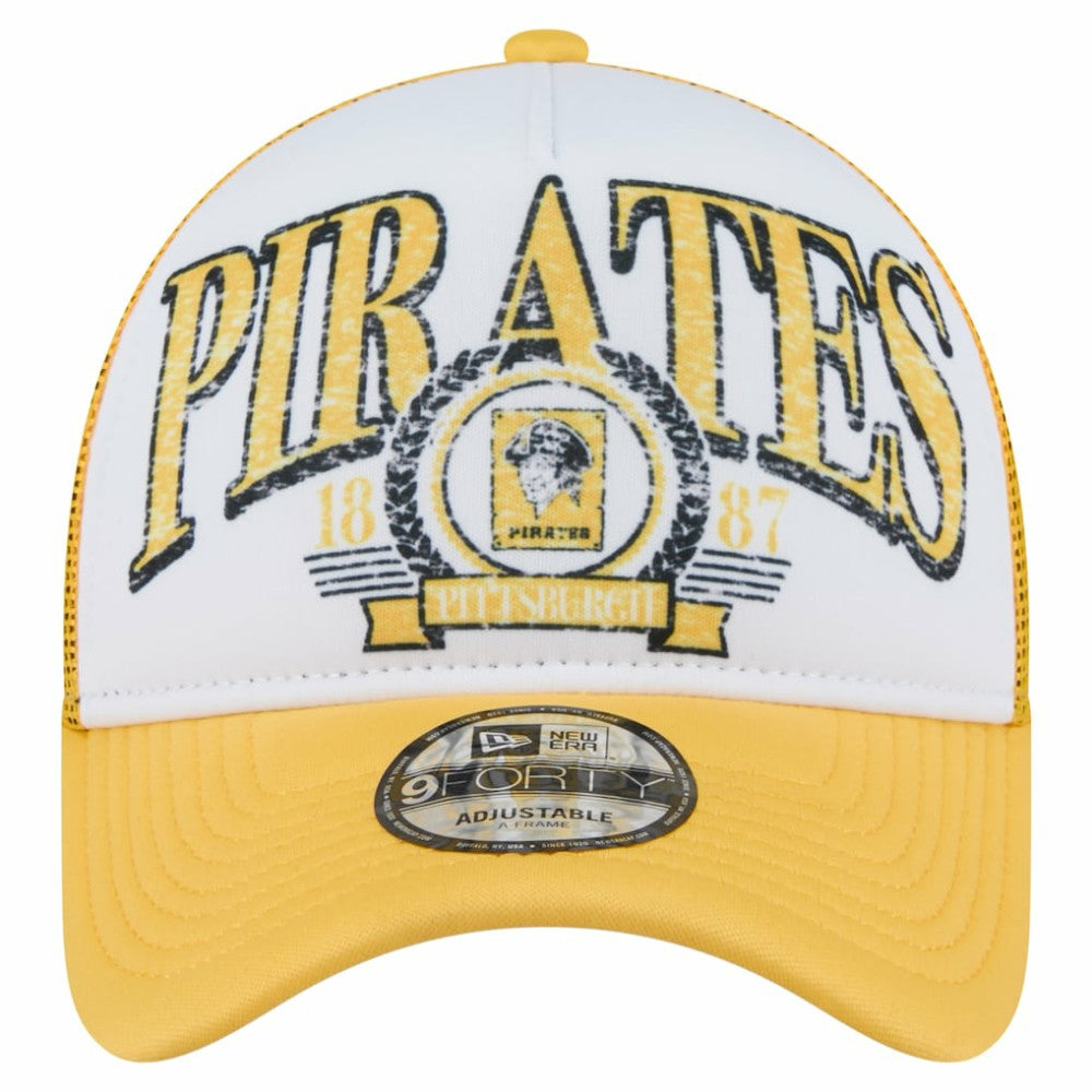 Pittsburgh Pirates Distressed 9FORTY A-Frame Adjustable Trucker Hat White/Gold | New Era
