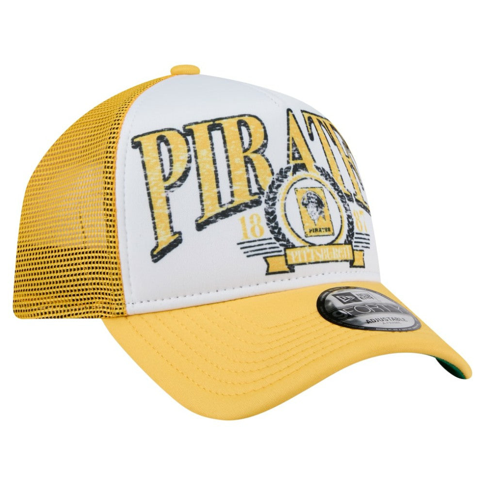 Pittsburgh Pirates Distressed 9FORTY A-Frame Adjustable Trucker Hat White/Gold | New Era