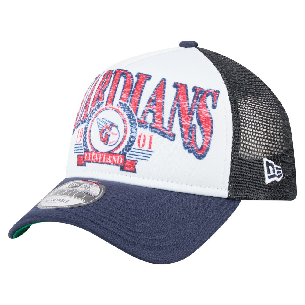 Cleveland Guardians Distressed 9FORTY A-Frame Adjustable Trucker Hat White/Navy | New Era