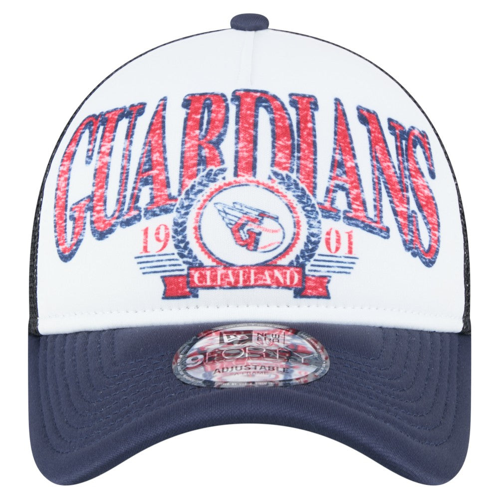 Cleveland Guardians Distressed 9FORTY A-Frame Adjustable Trucker Hat White/Navy | New Era