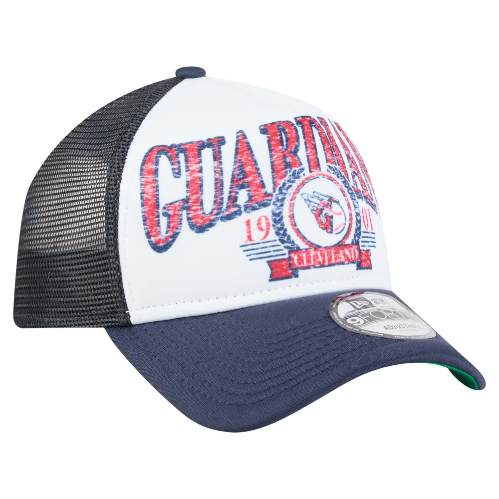 Cleveland Guardians Distressed 9FORTY A-Frame Adjustable Trucker Hat White/Navy | New Era