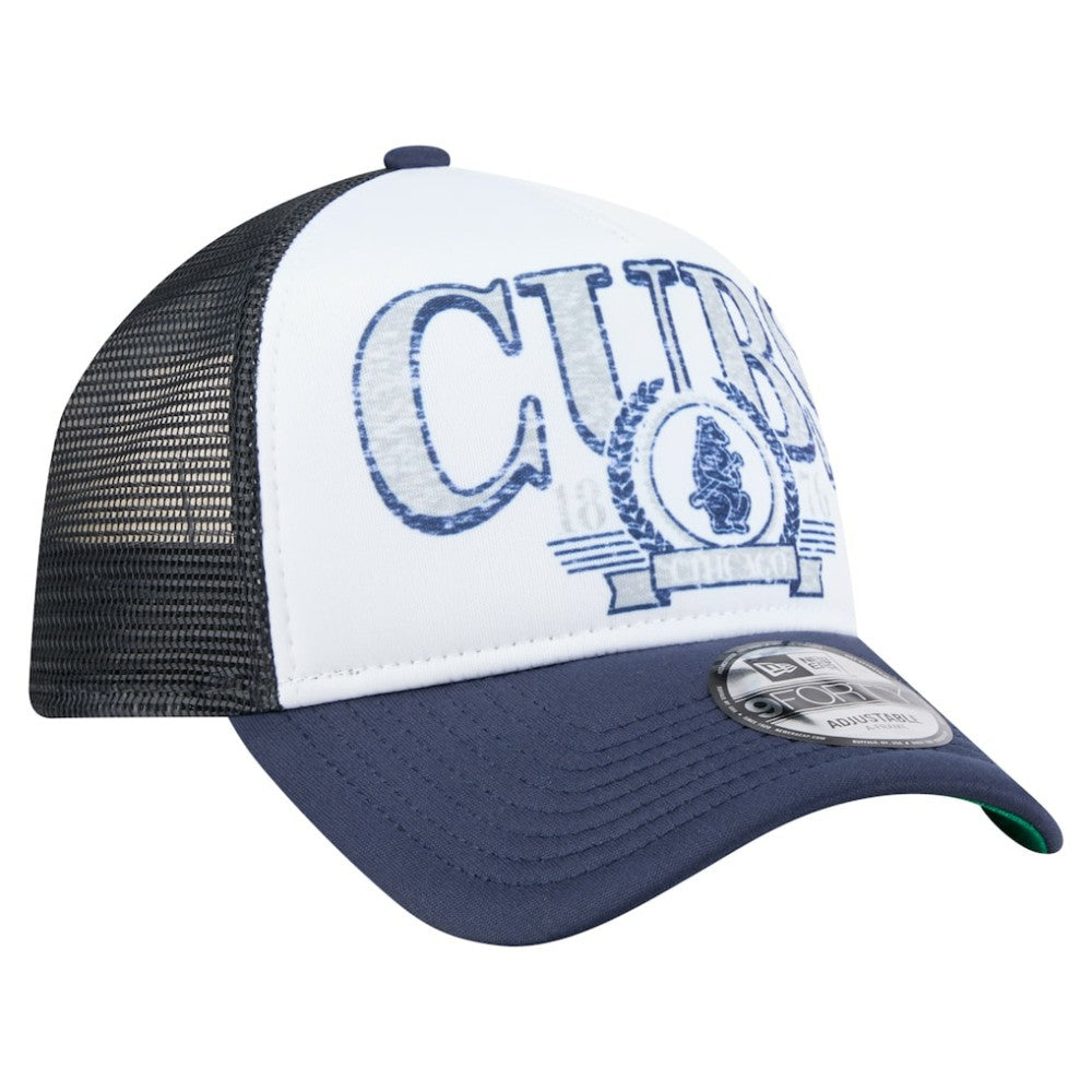Chicago Cubs Distressed 9FORTY A-Frame Adjustable Trucker Hat White/Navy | New Era