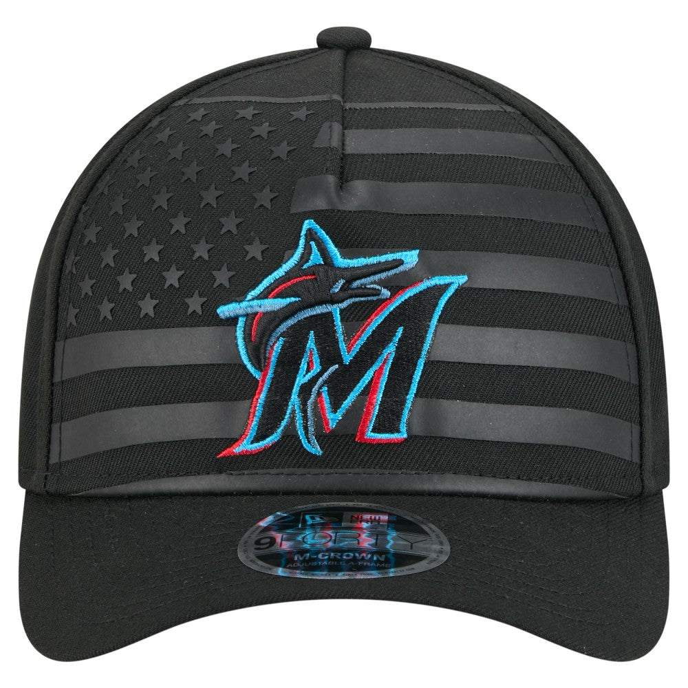 Miami Marlins American Flag 9FORTY M-Crown A-Frame Adjustable Hat Black | New Era