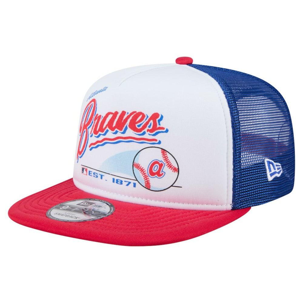 Atlanta Braves Retro Script Trucker 9FIFTY Snapback Hat White/Red | New Era