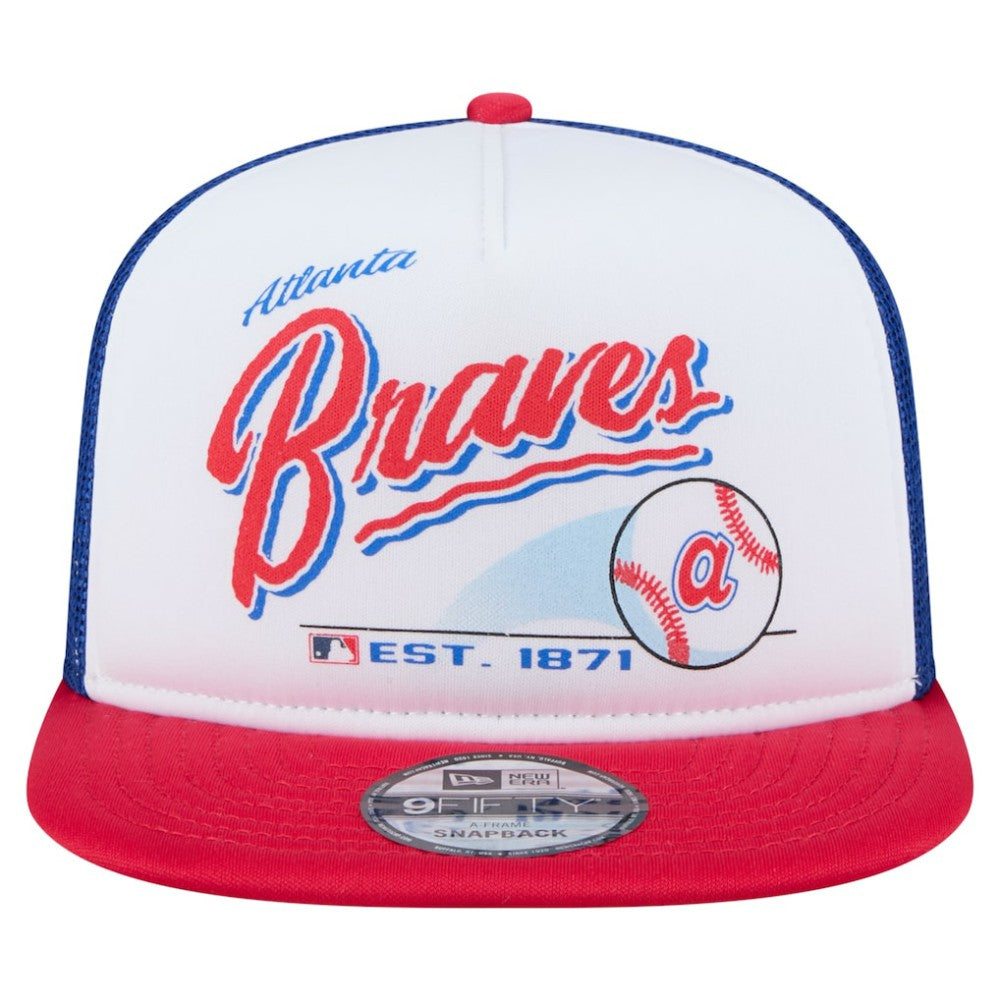 Atlanta Braves Retro Script Trucker 9FIFTY Snapback Hat White/Red | New Era