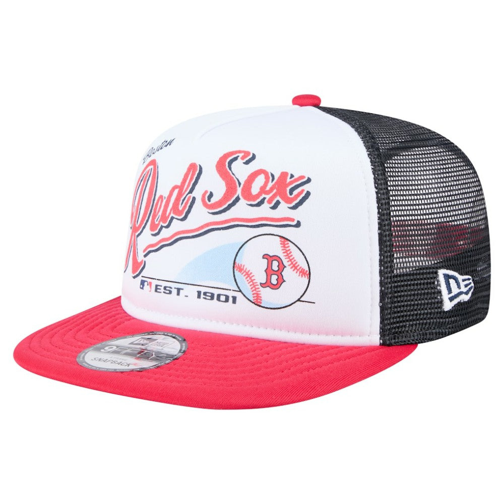 Boston Red Sox Retro Script Trucker 9FIFTY Snapback Hat White/Red | New Era