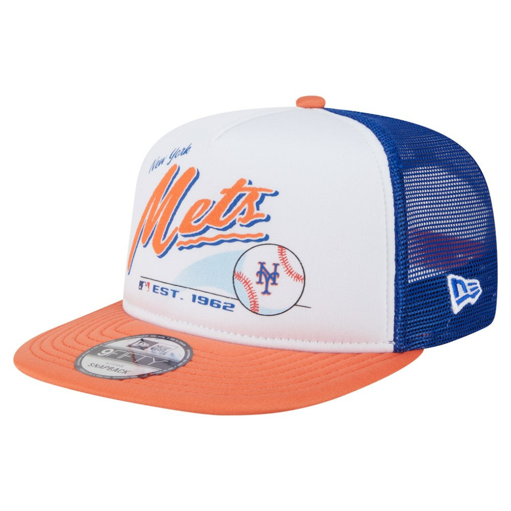 New York Mets Retro Script Trucker 9FIFTY Snapback Hat White/Orange | New Era