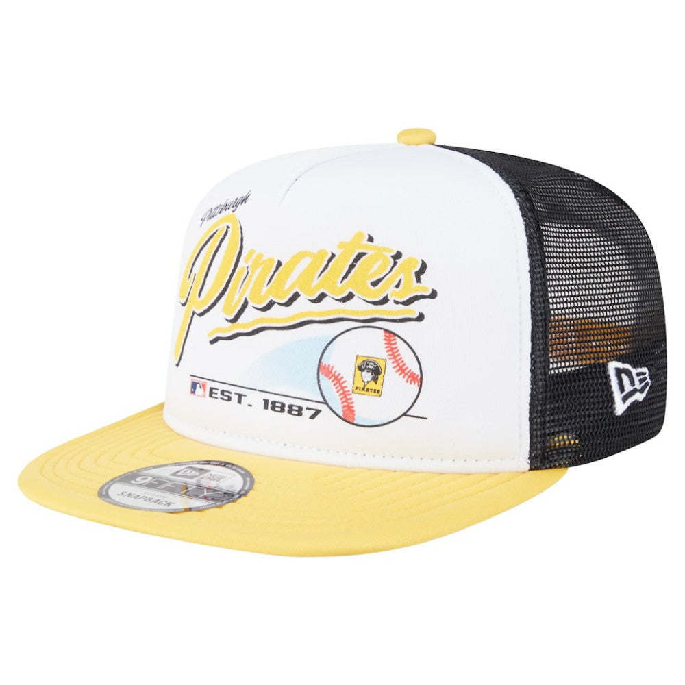 Pittsburgh Pirates Retro Script Trucker 9FIFTY Snapback Hat White/Gold | New Era