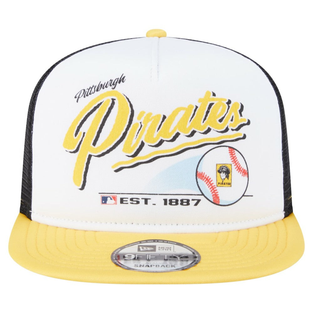 Pittsburgh Pirates Retro Script Trucker 9FIFTY Snapback Hat White/Gold | New Era