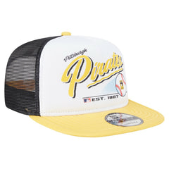 Pittsburgh Pirates Retro Script Trucker 9FIFTY Snapback Hat White/Gold | New Era