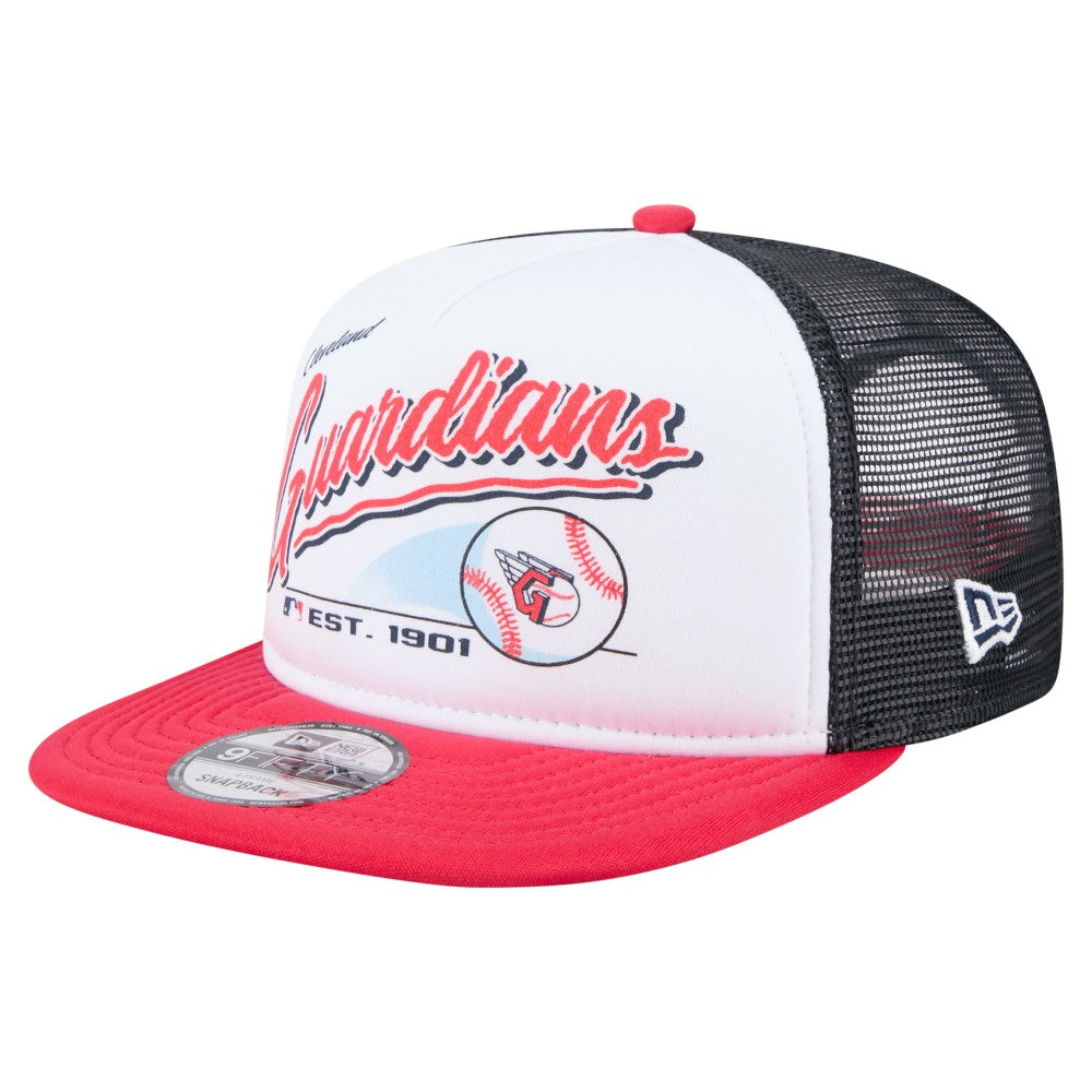 Cleveland Guardians Retro Script Trucker 9FIFTY Snapback Hat White/Red | New Era