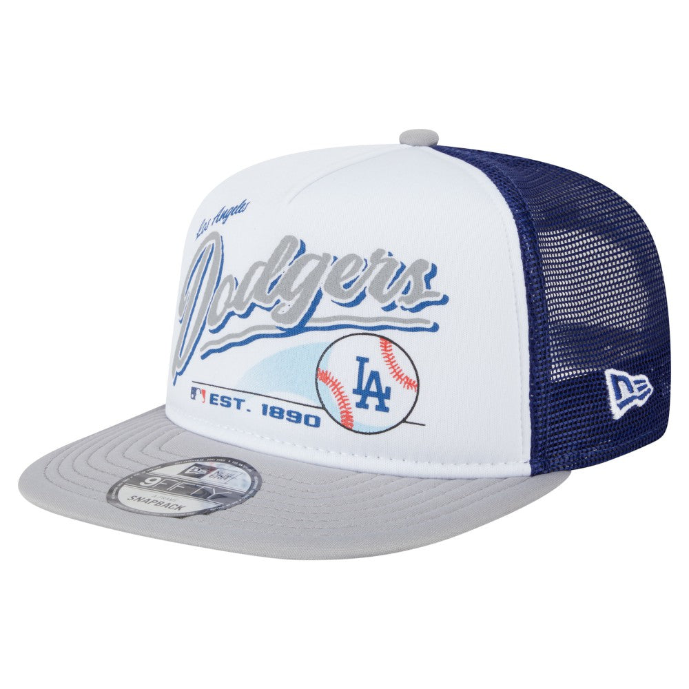 Los Angeles Dodgers Retro Script Trucker 9FIFTY Snapback Hat White/Gray | New Era