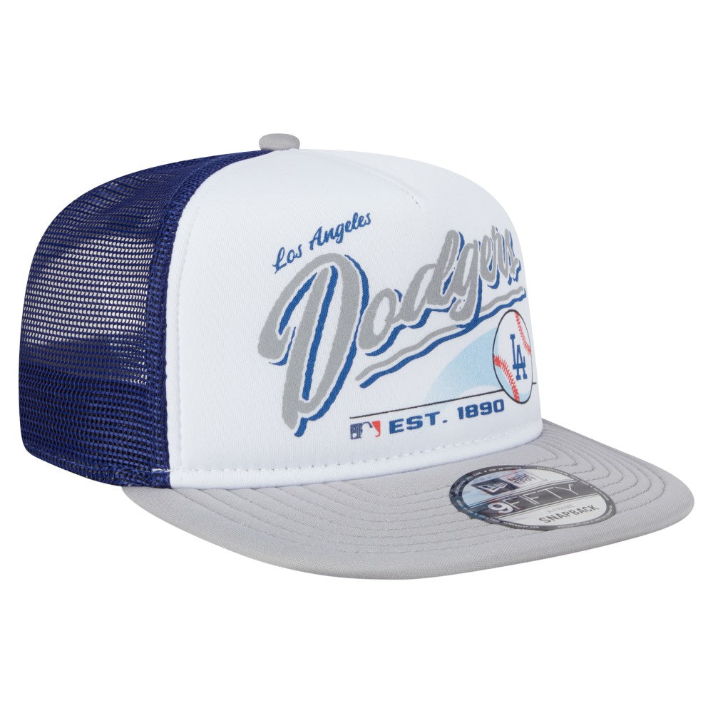 Los Angeles Dodgers Retro Script Trucker 9FIFTY Snapback Hat White/Gray | New Era