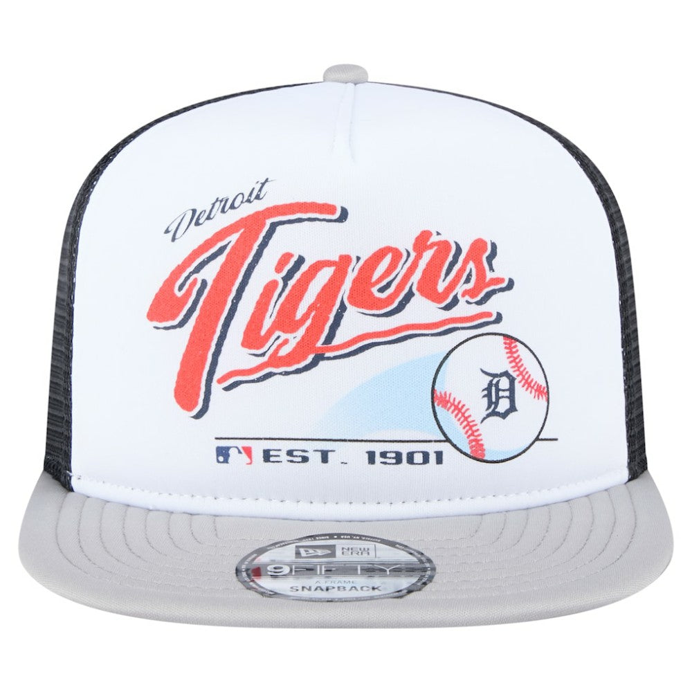 Detroit Tigers Retro Script Trucker 9FIFTY Snapback Hat White/Gray | New Era