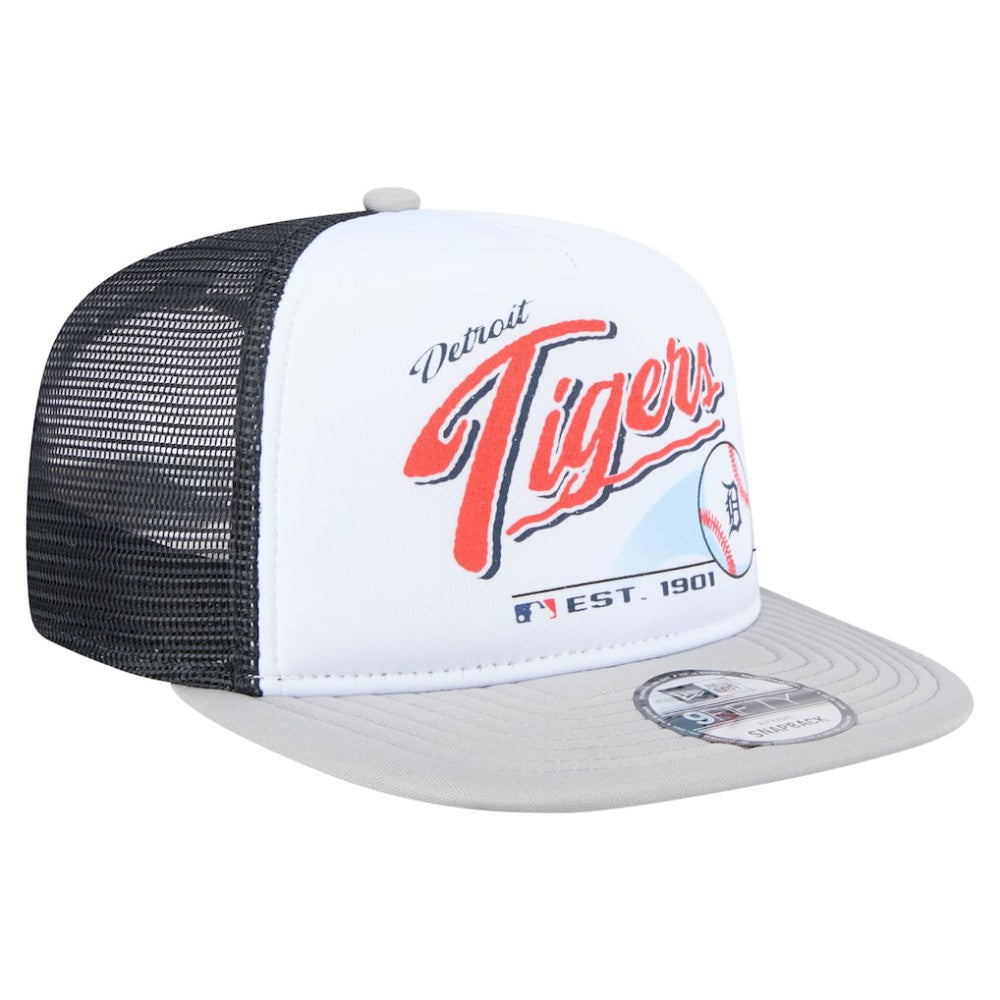 Detroit Tigers Retro Script Trucker 9FIFTY Snapback Hat White/Gray | New Era