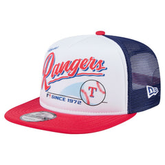 Texas Rangers Retro Script Trucker 9FIFTY Snapback Hat White/Red | New Era