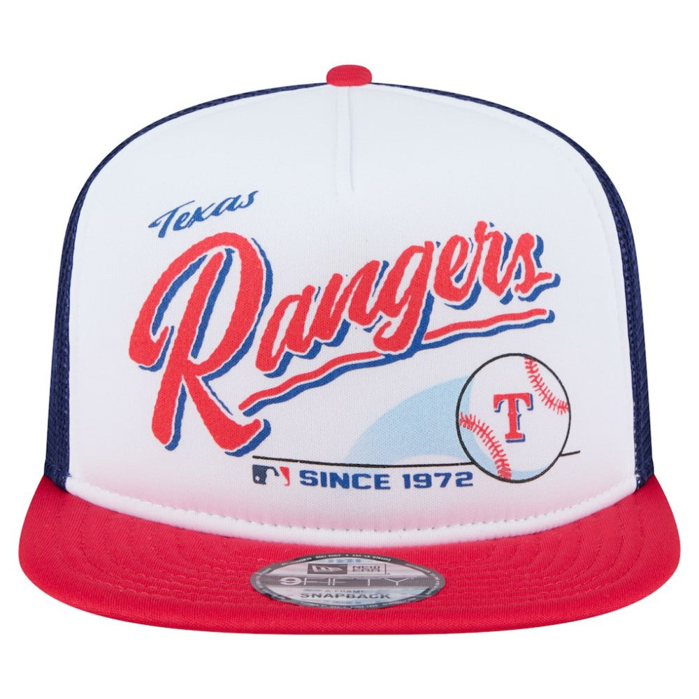 Texas Rangers Retro Script Trucker 9FIFTY Snapback Hat White/Red | New Era