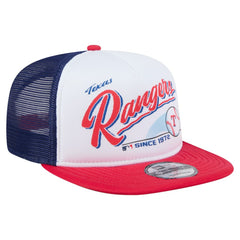 Texas Rangers Retro Script Trucker 9FIFTY Snapback Hat White/Red | New Era