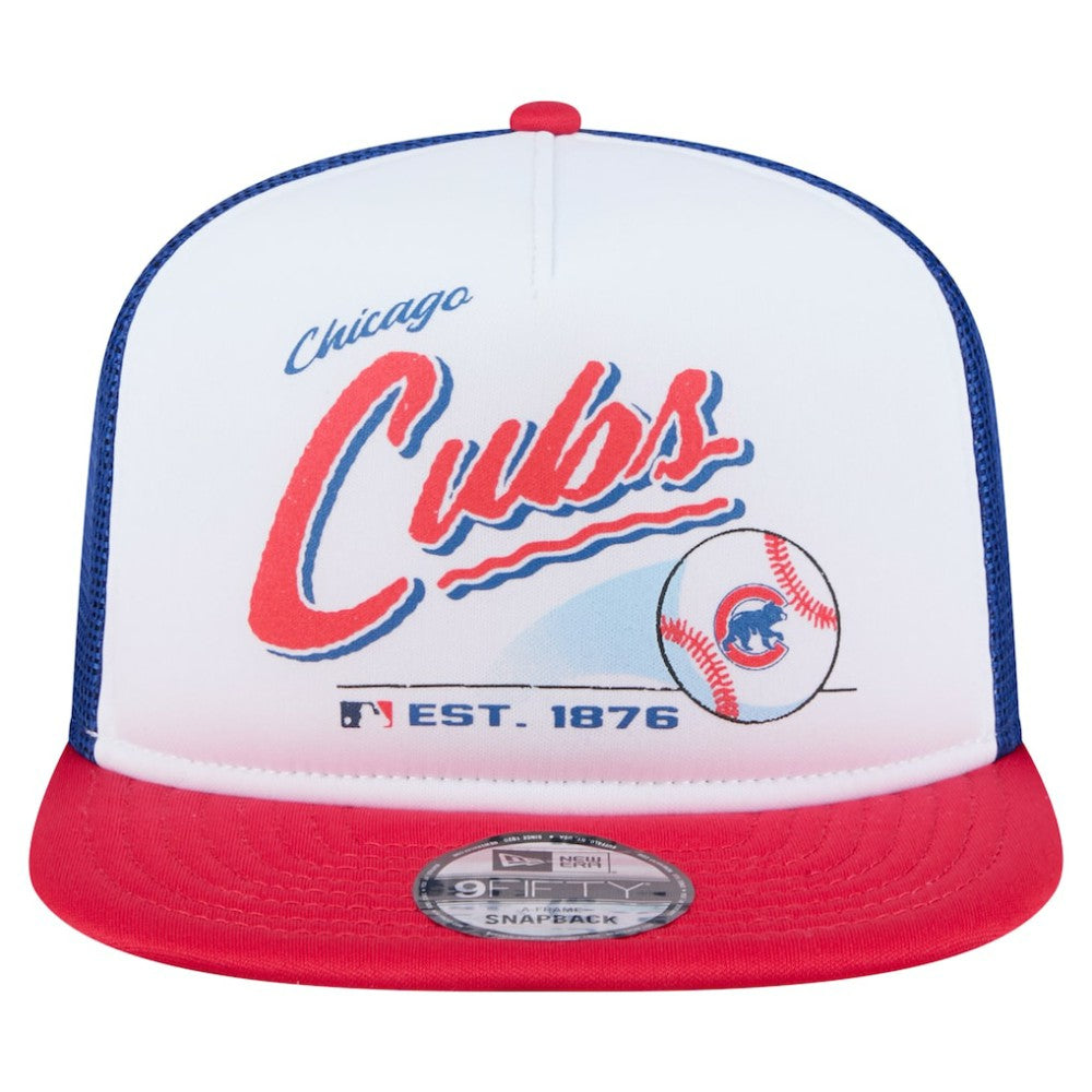Chicago Cubs Retro Script Trucker 9FIFTY Snapback Hat White/Red | New Era
