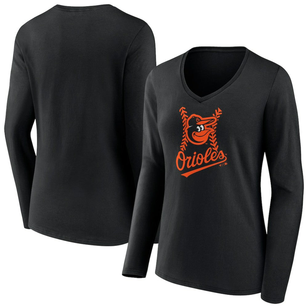Baltimore Orioles Women's Fastball Long Sleeve V-Neck T-Shirt Black