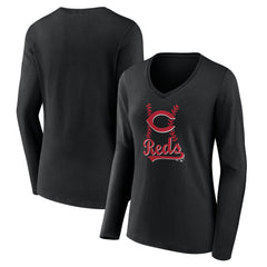 Cincinnati Reds Women's Fastball Long Sleeve V-Neck T-Shirt Black