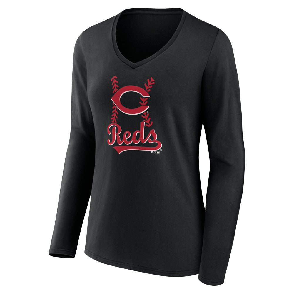 Cincinnati Reds Women's Fastball Long Sleeve V-Neck T-Shirt Black
