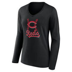 Cincinnati Reds Women's Fastball Long Sleeve V-Neck T-Shirt Black