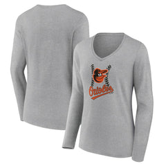 Baltimore Orioles Women's Fastball Long Sleeve V-Neck T-Shirt Gray
