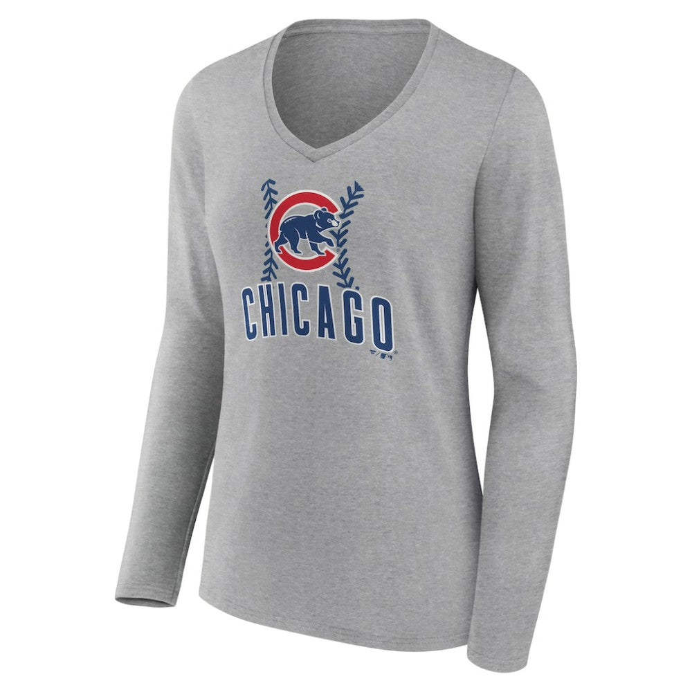 Chicago Cubs Women's Fastball Long Sleeve V-Neck T-Shirt Gray