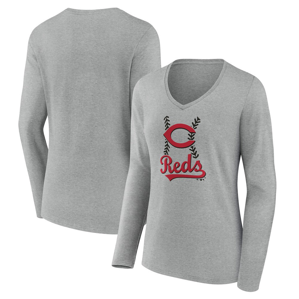 Cincinnati Reds Women's Fastball Long Sleeve V-Neck T-Shirt Gray