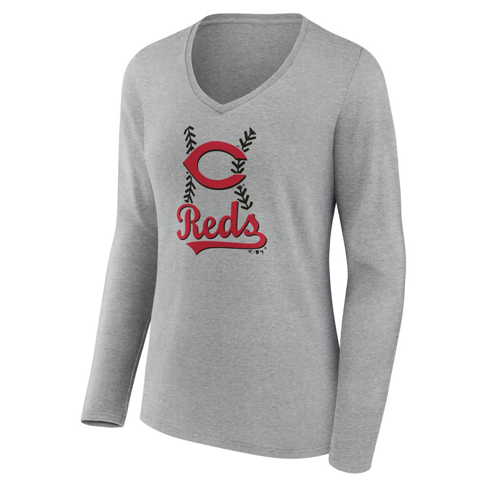 Cincinnati Reds Women's Fastball Long Sleeve V-Neck T-Shirt Gray