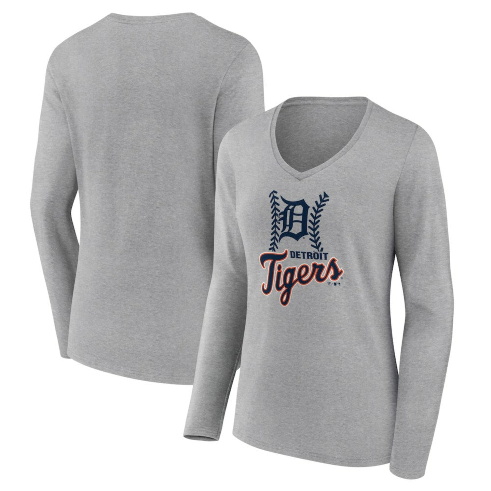 Detroit Tigers Women's Fastball Long Sleeve V-Neck T-Shirt Gray