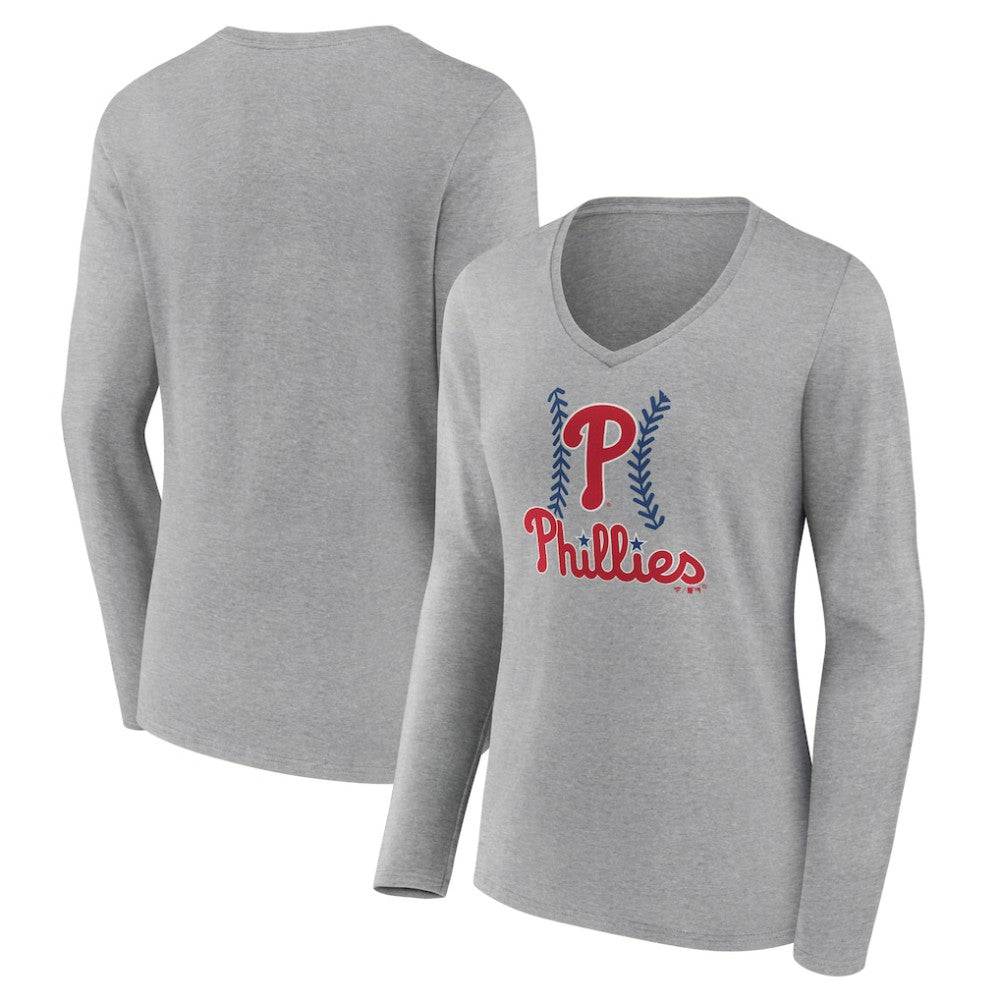 Philadelphia Phillies Women's Fastball Long Sleeve V-Neck T-Shirt Gray