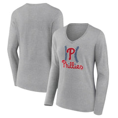 Philadelphia Phillies Women's Fastball Long Sleeve V-Neck T-Shirt Gray