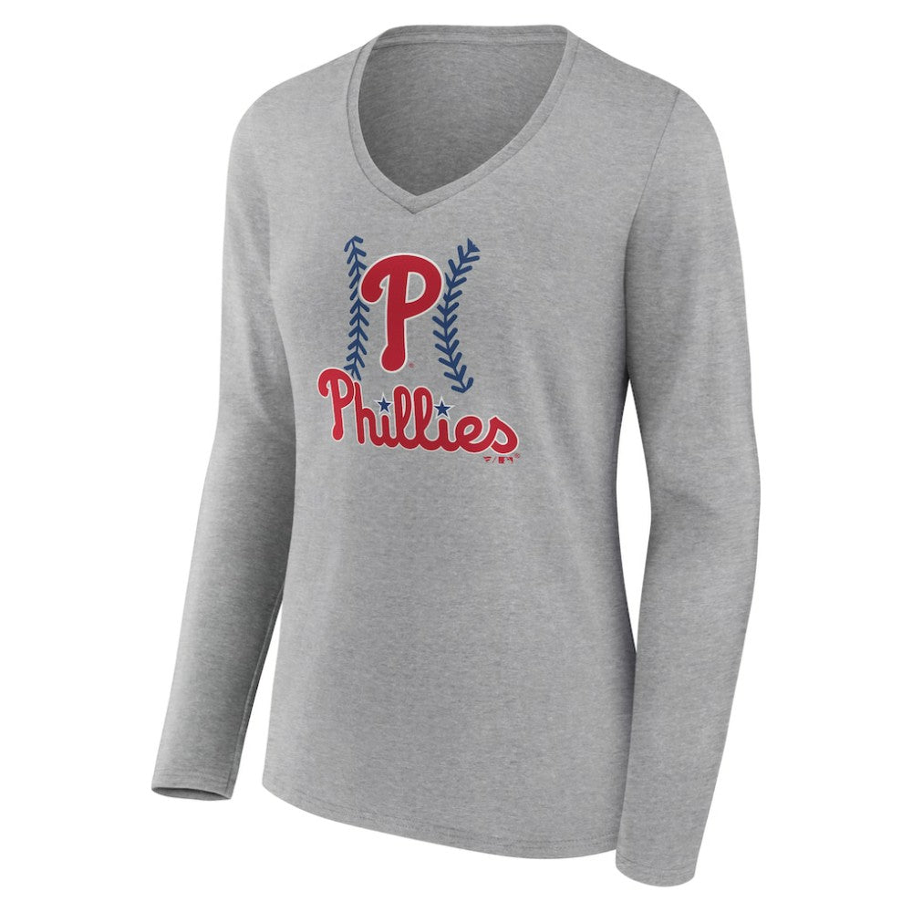Philadelphia Phillies Women's Fastball Long Sleeve V-Neck T-Shirt Gray