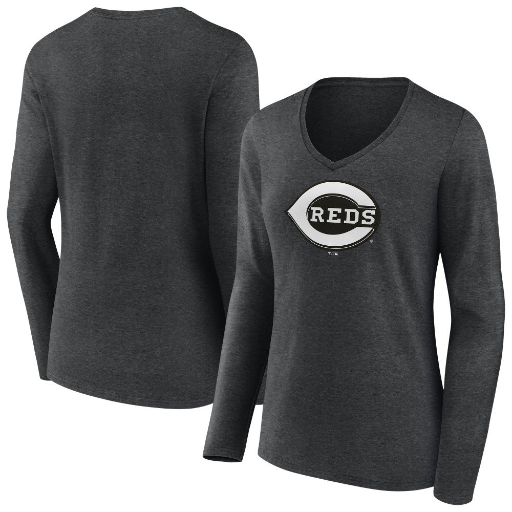 Cincinnati Reds Women's Monochrome Long Sleeve V-Neck T-Shirt Charcoal