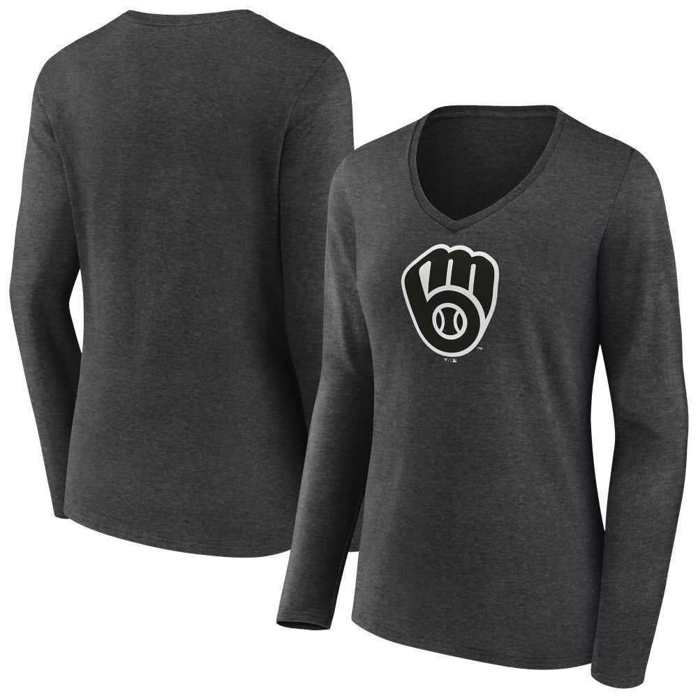 Milwaukee Brewers Women's Monochrome Long Sleeve V-Neck T-Shirt Charcoal